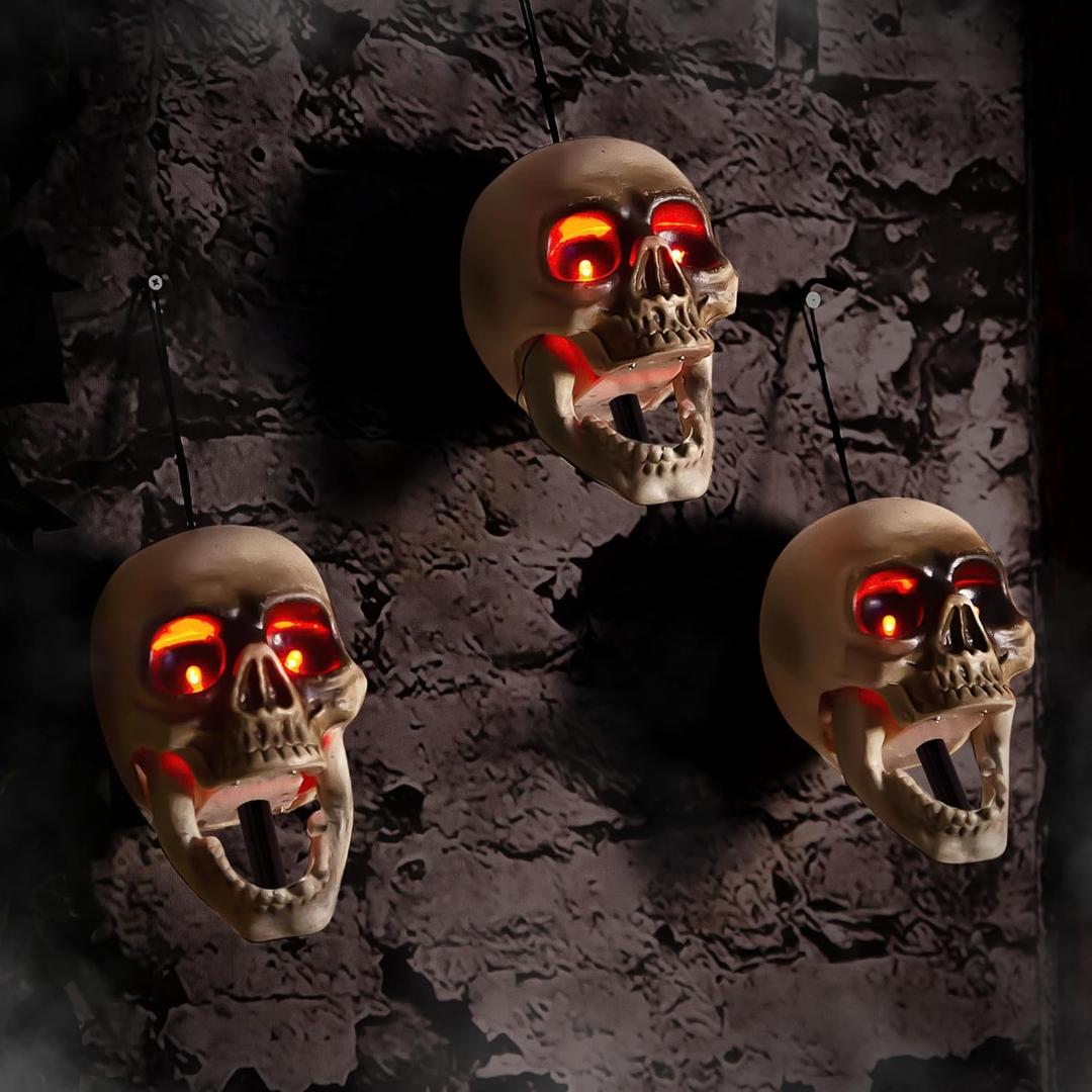 Halloween Animatronics Skull Stakes Pathway Markers, Hanging Animated Decorations, Floating Scary Skeleton with Sound Activated, Talking, Light Up Eyes, Haunted Horror Prop for Indoor, Outdoor (Pack of 3)