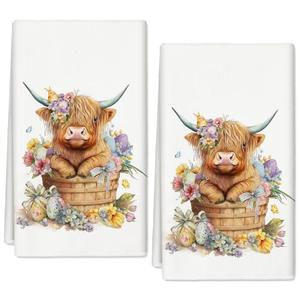 AnyDesign Easter Kitchen Towel 18 x 28 in Cute Highland Cow Floral Dishcloth Seasonal Spring Flower Cow Hand Drying Tea Towel for Holiday Cooking Baking Cleaning, 2Pcs