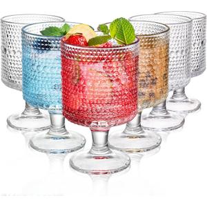 ZOOFOX Set of 6 Romantic Vintage Goblet Glasses, 8 oz Embossed Short Stem Wine Glasses, Hobnail Drinking Glasses Set for Juice, Cocktail, Wine, Party, Bar