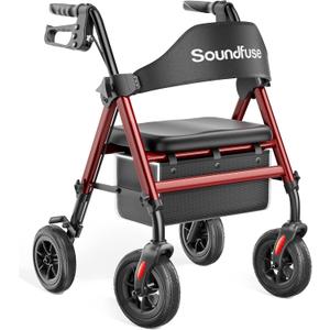 Soundfuse Rollator Walkers for Seniors with Seat, Foldable Lightweight Rolling Walker with 8" Big PU Wheels, Ergonomic Seat, Dual Height Adjustment (Red)