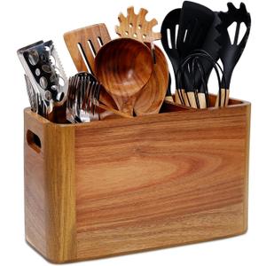 Wooden Kitchen Utensil Holder Organizer for Counter or Countertop, Large Wooden Utensil Holder for Storage Cooking and Silverware with 3 Compartment, Acacia Rustic Wood Container Extra Large