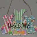 Lyeasw Easter Welcome Sign for Front Door- Easter Bunny Wreaths Wall Hanging Decor for for Spring Holiday Coffee Shop Bakery, Wooden Rabbit Decorations for Yard Front Porch Party Outdoor(Bunny & Eggs)