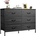 WLIVE Dresser for Bedroom with 6 Drawers, Dresser TV Stand for 50 Inches TV with Metal Frame, Wooden Top, Chest of Drawers, Dresser for Living Room, Hallway, Charcoal Black Wood Grain Print