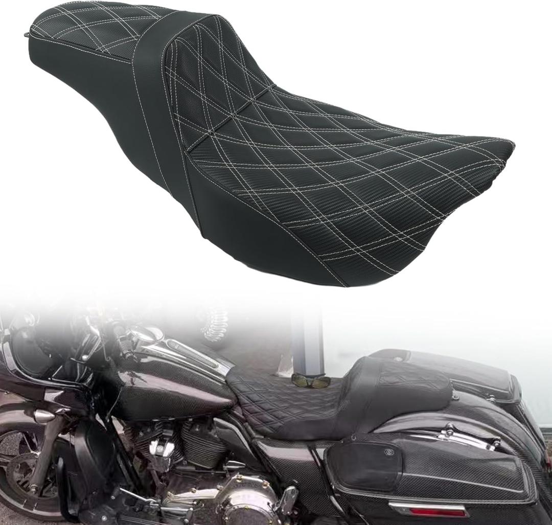 One-Piece Driver & Passenger Seat with Gel Cushion Fit for Harley Touring Electra Glide Road King Road Glide Street Glide 2009-2023 (Diamond + White Line)