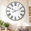 24 Inch White Roman Numeral Metal Wall Clock, Silent Non-Ticking Large Wall Clock for Living Room Decor, Modern Farmhouse Wooden Clock Battery Operated