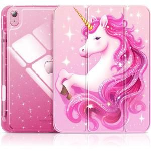 INFILAND Compatible with iPad A16 11th Generation 11 Inch 2025 Case, iPad Case 10th Generation 10.9 Inch, Glitter Cover with Sparkly Clear Back, Pencil Holder, for Kids Girls (Pink Unicorn Dream)