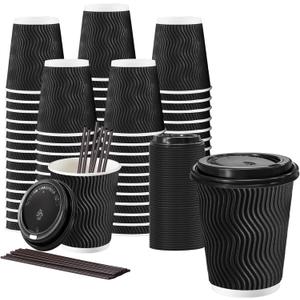Lamosi 10 oz Disposable Coffee Cups with Lids, 50 Pack Insulated Hot Cups To Go Paper Coffee Cups with Lids and Straws, Corrugated Ripple Wall Cup for Hot Drink, Office, Coffee Bar (Black)