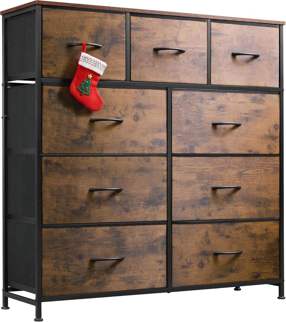 WLIVE 9-Drawer Dresser, Fabric Storage Tower for Bedroom, Hallway, Entryway, Closet, Tall Chest Organizer Unit with Fabric Bins, Steel Frame, Wood Top, Easy Pull Handle, Rustic Brown Wood Grain Print