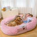 SWITTE Human Dog Bed for Adult, 71"x47"x13" Washable Giant Human Size Dog Bed with Blanket for People Doze Off, Removable Large Beds with Pillow - Pink