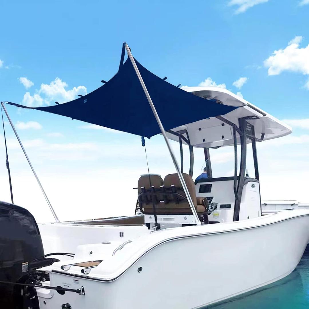 Boat Sun Shade Kit Boat Canopy, T-Top Boat Cover with Stainless Steel Telescopic Rod Foldable, High-Tech Polyester Fiber, Anti-Ultraviolet Dark Blue (Size8:A=114"B=78"C=66")