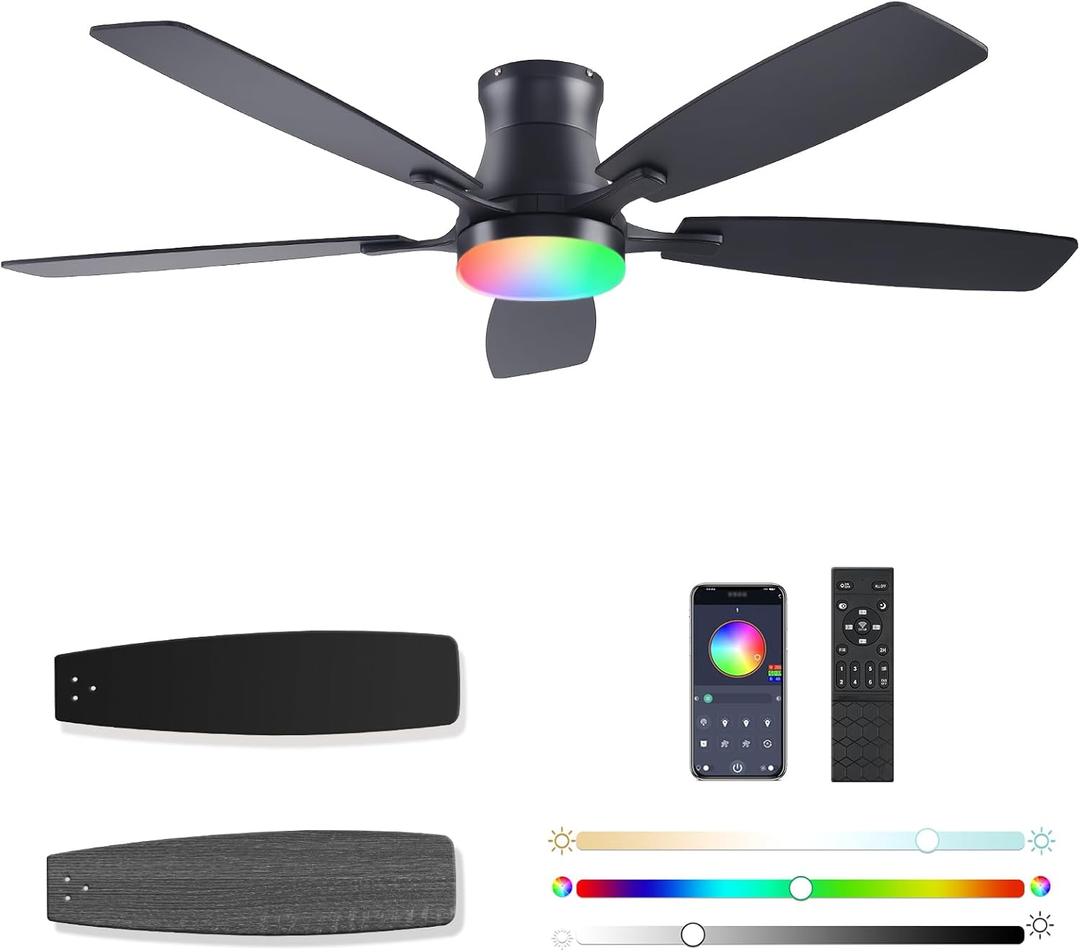 54inch Ceiling fans with Lights, Low Profile RGB Ceiling fan with Light and Remote/App Control, Dimmable, DC Reversible Motor, Noiseless, 6 Speeds, Black Ceiling Fan For Bedroom Indoor Outdoor