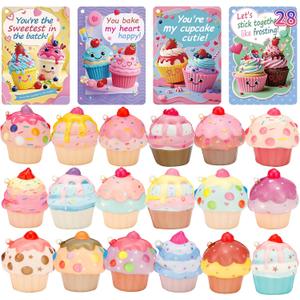 AUUGUU 28 Valentines Day Cards with Cupcake Squishy Toys  Kids School Classroom Exchange Gift Set, Cute Stress Relief Squishies with Matching Cards, Fun Valentine Party Favors for Boys Girls