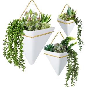 3 Sets Ceramic Wall Hanging Planters Indoor 3 Size Geometric Hanging Planters for Indoor Plants Self Watering Pots with Metal Holder for Air, Cactus, Faux Plants and Home Office Decor
