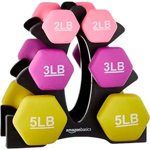 Amazon Basics Neoprene Dumbbell Hand Weights for Exercise and Muscle Toning, Rack with 3 Pairs (2, 3, and 5 Pound)
