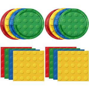 80PCS Building Blocks Themed Birthday Party Decorations Colorful Building Block Tableware Paper Plates Napkins Set for Boys, Kids Birthday Party Decorations Serve 20