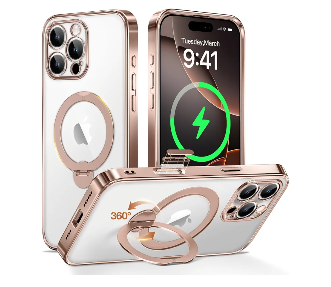 Desert Titanium for iPhone 16 Pro Case With 360° Spin Magnetic Stand,[Compatible With Magsafe] [Military Protection][Built-in Ring Holder]Camera Control Phone Case for 16 Pro,Rose Gold/Clear