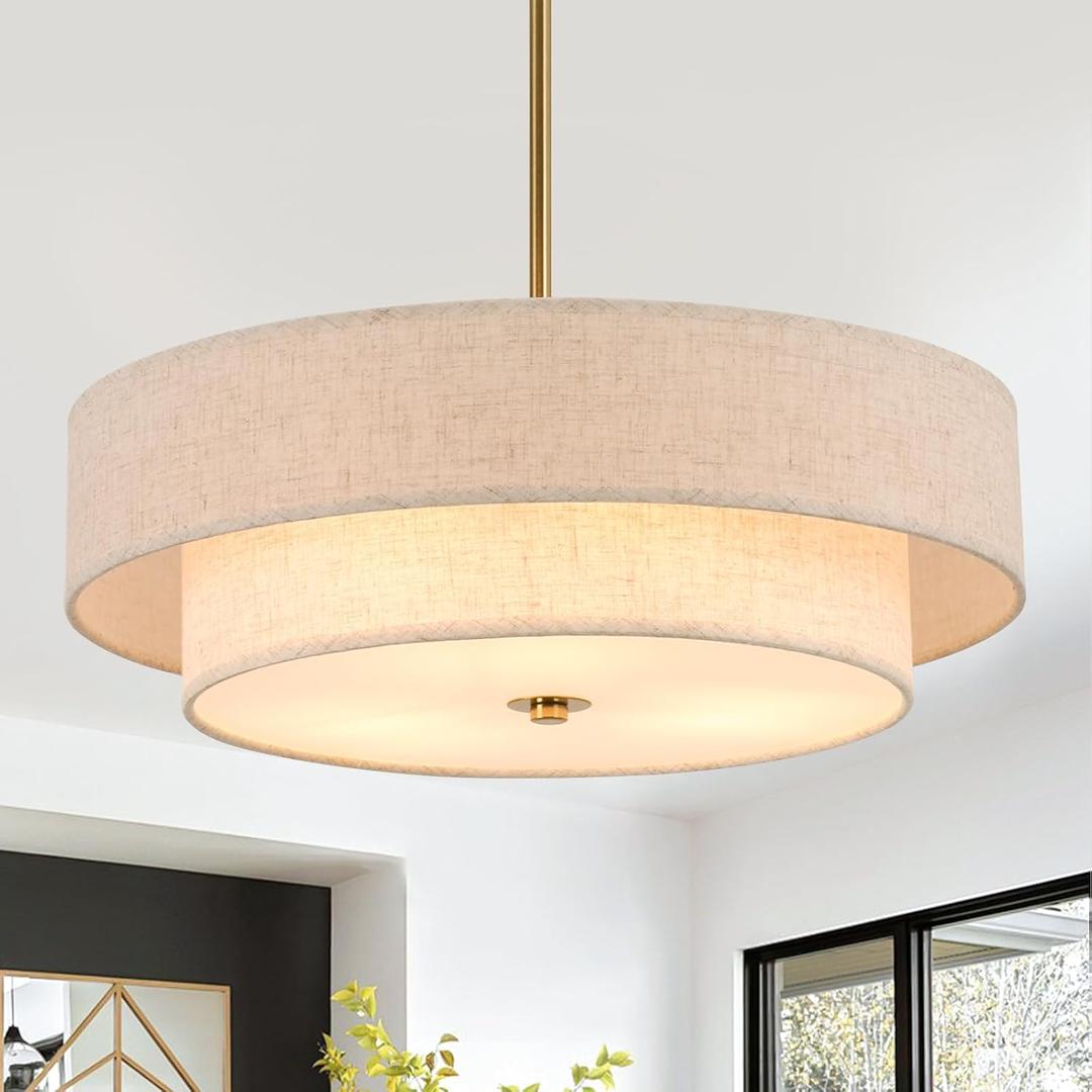 17.7" Modern Drum Chandelier, 2-Layer Linen Pendant Light Fixture