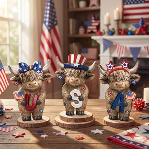 Bucherry 3 Pcs Patriotic USA Highland Cow Figurines 4th of July Independence Day Highland Cow Gnomes Statues 250th Anniversary Decor for Home Tiered Tray Table Farmhouse Rustic Calf Gifts