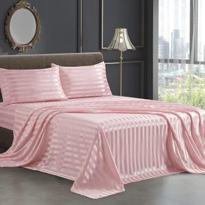 4Pcs Satin Sheets Stripe Printed Sheets, Italian Style Silky Soft Blush Pink Satin Full Bed Sheets with Deep Pocket, 1 Fitted Sheet, 1 Flat Sheet, 2 Envelope Closure Pillowcases