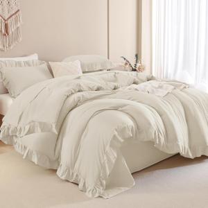 Andency Beige Comforter Set Queen Size, 3 Pieces Shabby Chic Ruffle Bedding Comforter Sets for Queen Bed, Lightweight Fluffy Soft Microfiber Farmhouse Comforter Set (Queen (90"x90"))