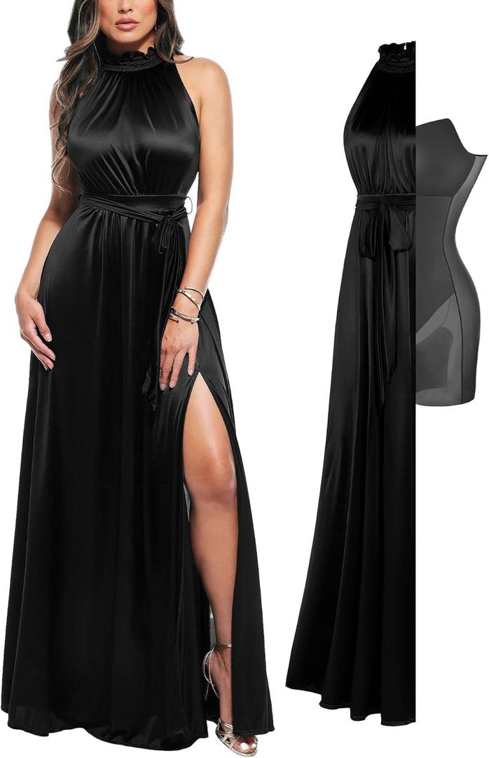 Popilush Wedding Guest Dress Formal Dresses for Women Shapewear Bodycon Fall Long Halter Cocktail Maxi Dress (Medium, Black)