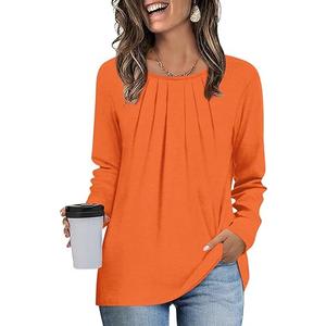 Womens Long Sleeve Tunic Tops Dressy Casual Crewneck Pleated Shirts Fashion Trendy (Medium, Orange)