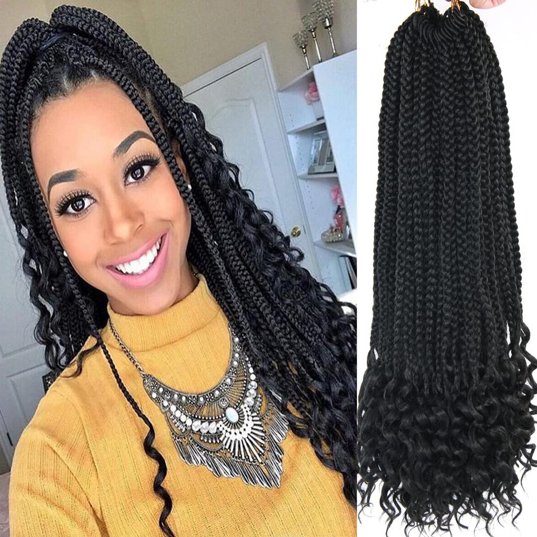 20 Inch 144 Roots/pack Crochet Braids Box Braids Crochet Hair For Women Black Crochet Braid Hair Curly Ends Box Braids Crochet Hair Braiding Hair Extensions 6Packs (20inch, 1B#)
