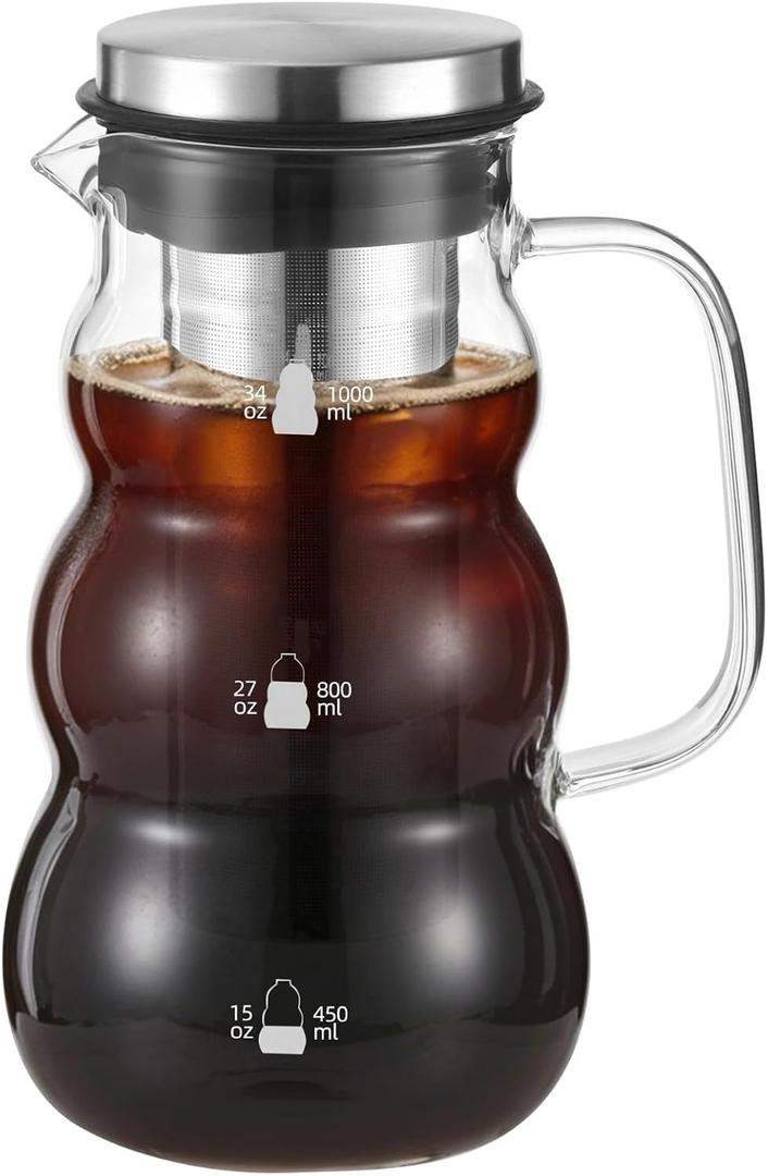 Cold Brew Coffee Maker, 34 oz Heat Resistant Borosilicate Glass Cold Brew Pitcher, Iced Coffee Maker with Stainless Steel Filter and Silicone Sealed Lid