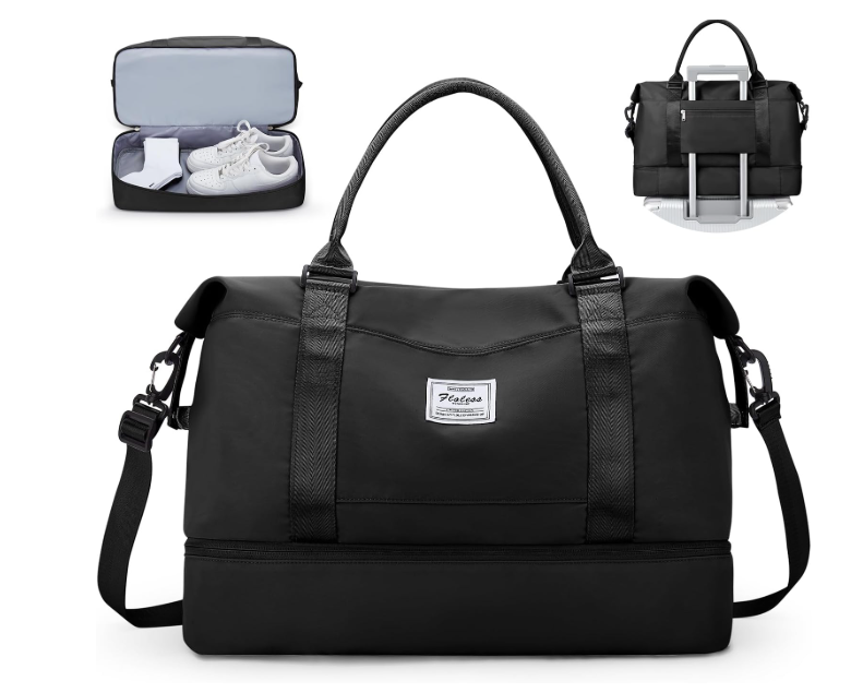Travel Duffel Bag with Shoes Compartment, Overnight Weekender Bags for Women,Carry on Personal Item Bag (Large, Black)
