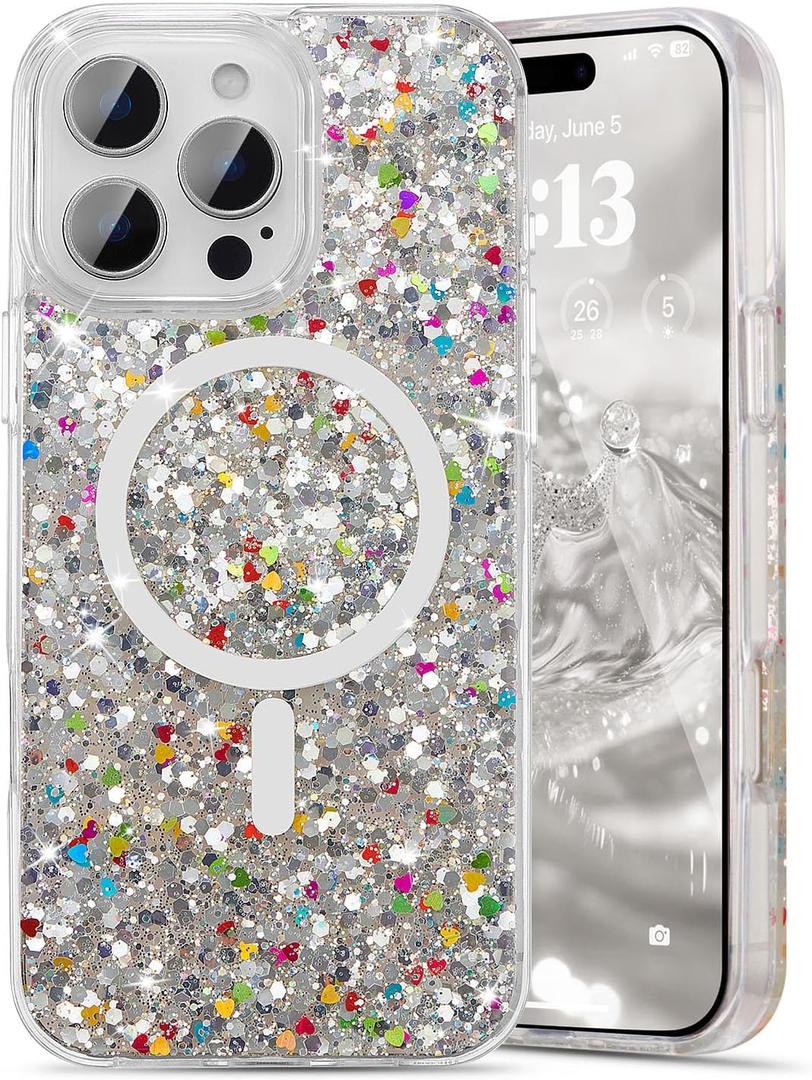 UEEBAI Glitter Case Magnetic for iPhone 16 Pro Max Case, Luxury Shiny Bling Sparkly Phone Cover Compatible with MagSafe, Wireless Charge Crystal Diamonds Shiny Cover for Women - Clear