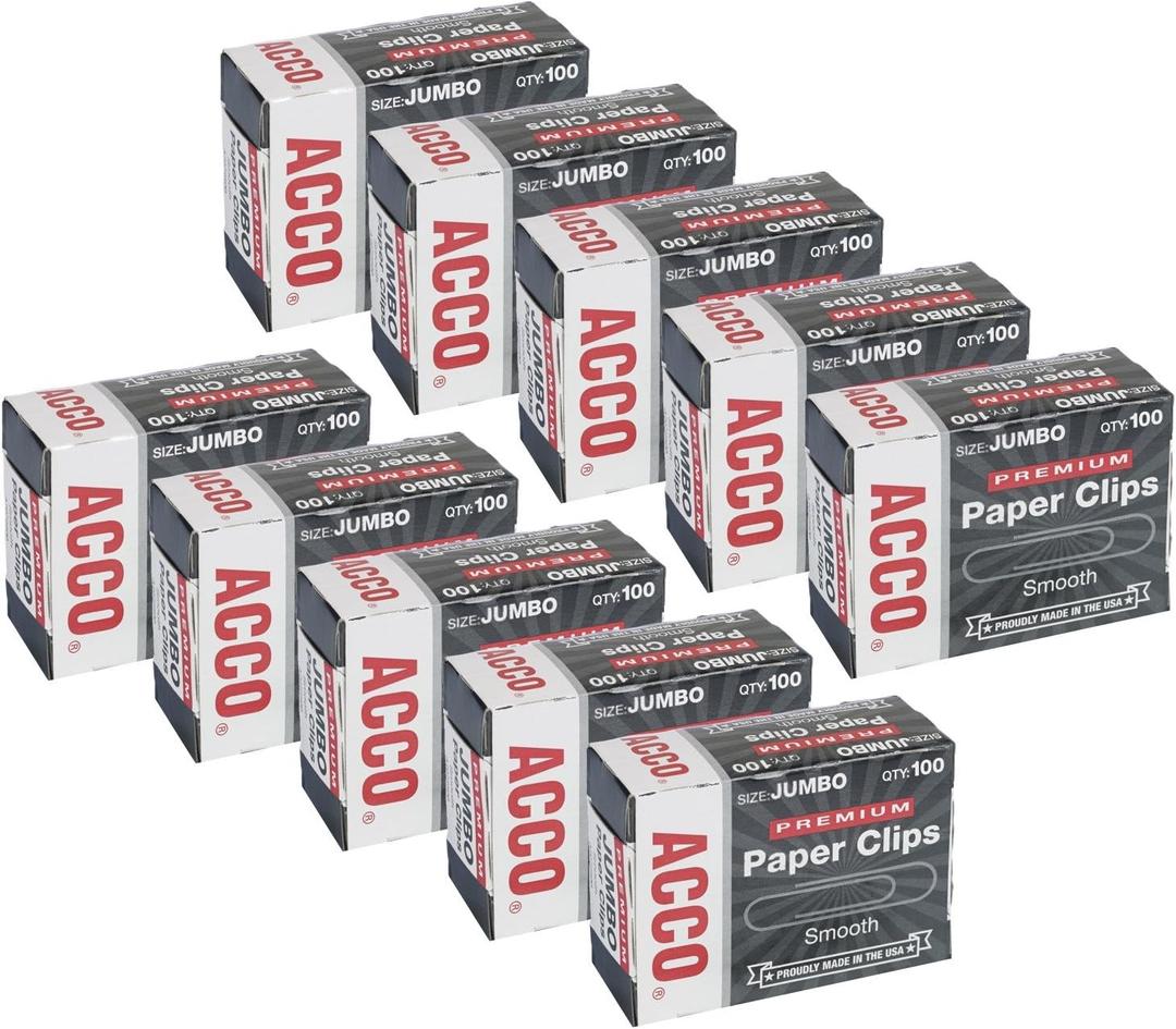 ACCO Premium Jumbo Paper Clips, Smooth Finish, 100 Paper Clips Per Box, Pack of 10 Boxes (72500)