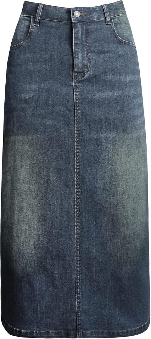Long Denim Skirt for Women Casual A-Line Denim Maxi Skirt Stretch High Waisted Jean Skirt with Pocket Blue, Vintage XL