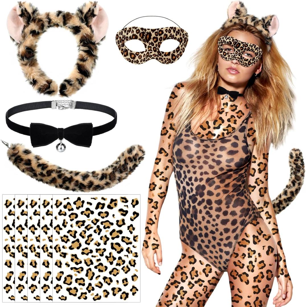 Newcotte 9 Pcs Halloween Leopard Costume Cheetah Ear Headband Tail Choker Tattoo Sticker Accessories for Women Adult Cosplay