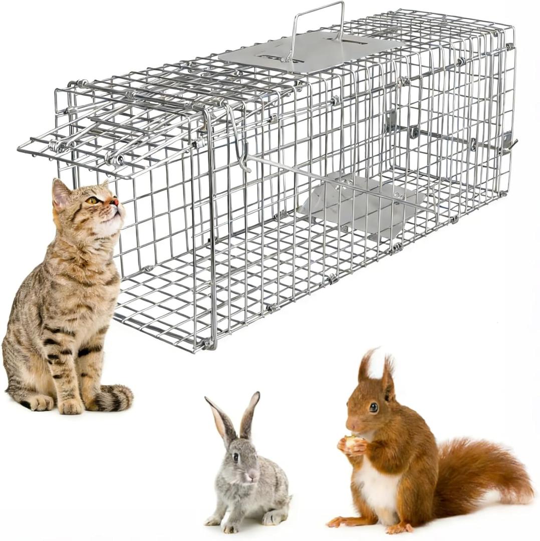 Humane Animal Trap for Small Cats, Rabbits, Squirrels, Chipmunks, Muskrats | 23.3" Catch and Release Cage | Galvanized Wire with Pedal Triggers | Collapsible for Easy Storage