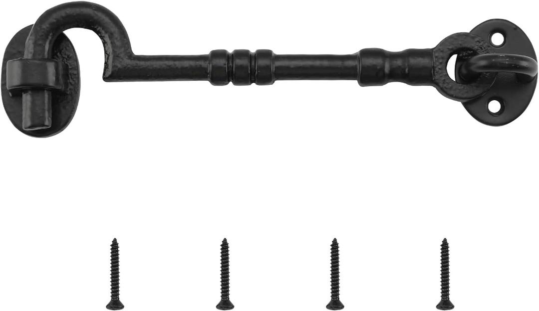 WellMade 6" Hook and Eye Latch for Door, Rust-Proof Door Latch, Privacy Hook Lock for Doors, Gate, Barn, Cabin, Window with 4 Screws (1 Pack, Black)