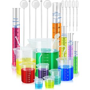 Artcome Plastic Graduated Cylinders and Beakers with 5 Pipettes, 10/25/50/100/250ml Cylinders, 10/25/50/100/150/250/500/1000ml Beakers, 5 Stirring Rods  Ideal for Science Lab, DIY, Halloween Decor