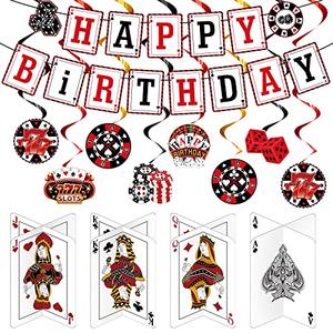 Outus 17 Pieces Casino Poker Theme Party Decorations Casino Birthday Banner Hanging Swirl 3D Table Toppers Decorations for Poker Party Supplies