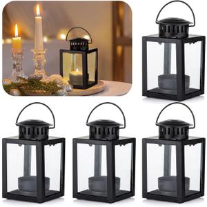 Small Candle Lanterns Decorative Outdoor: 4 Pcs Black Hanging Tea Lights Candle Holder for Table Centerpiece Fireplace Wedding Christmas 3.9" Glass Farmhouse Decor