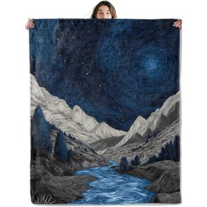 SOMEKLLY Starry Night Mountain Throw Blanket Soft Cozy Lightweight Flannel Blankets with Abstract River Landscape Art Printed for Nature Lovers Bedroom Dorm Office Decor Gifts 50x60 Inch