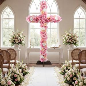 Novabright 59 Inch Extra Large Flower Cross Outdoor Spring Floral Sign Large Wooden Cross with Flower Outdoor Religious Garden Yard Floral Decor for Spring Wedding Church Lawn Religious Celebrations
