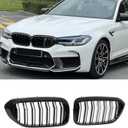 KHK Front Grill Compatible with BMW 5 Series G30 F90 M5 2017-2020 530e 530i 540i 550i xDrive, Gloss Black ABS Automotive Replacement Double Slats with M Color Kidney Front Grille Upgrade Grille