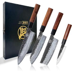 MITSUMOTO SAKARI Japanese Chef's Knife Set 4 Pcs, Professional Hand Forged Kitchen Chef Knife Set, High Carbon Ultra Sharp Cooking Chefs Knife Set (Rosewood Handle & Sandalwood Box)