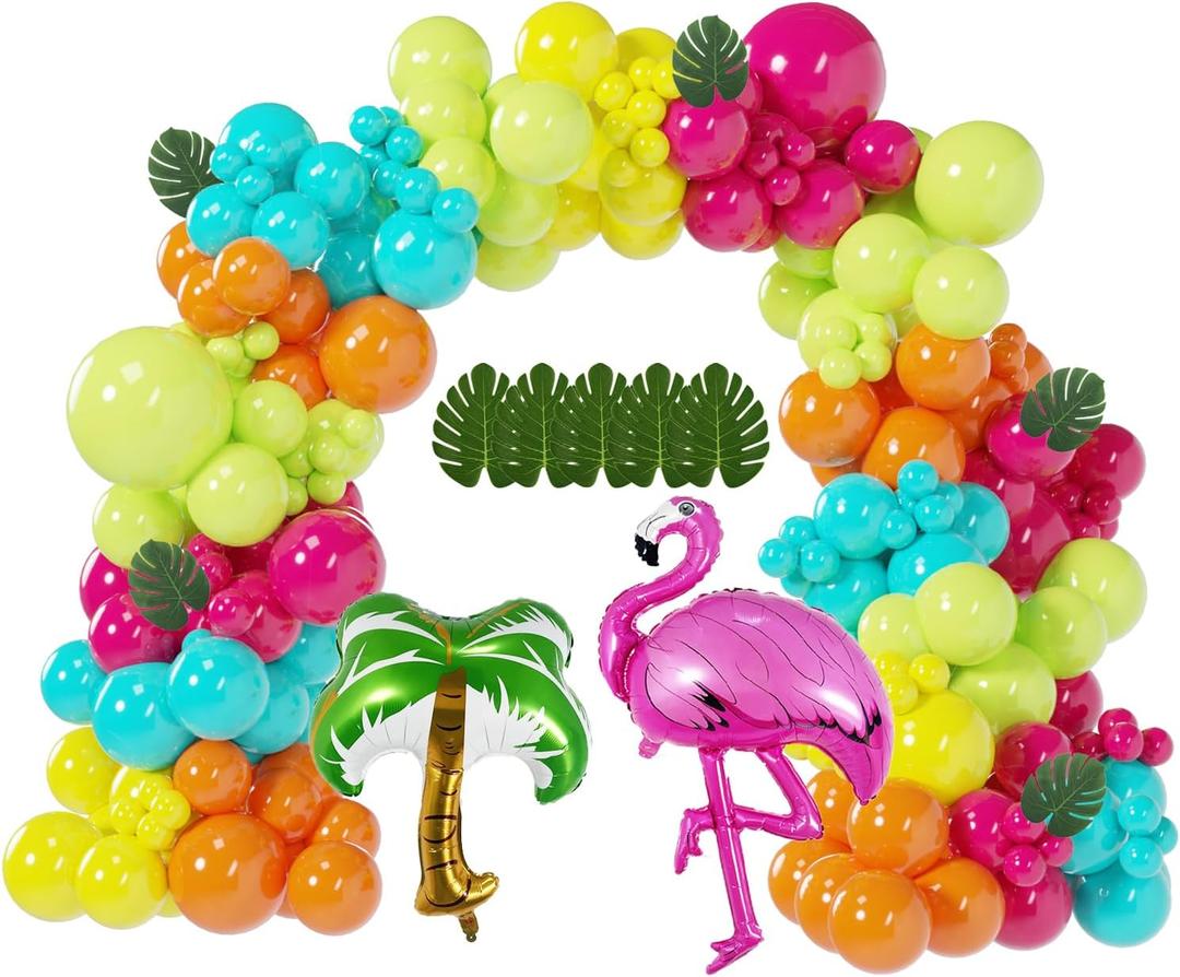 146Pcs Tropical Aloha Balloon Arch Garland Kit with Flamingo Palm Tree Bright Color Balloons for Hawaiian Luau Summer Party Baby Shower Birthday Decorations