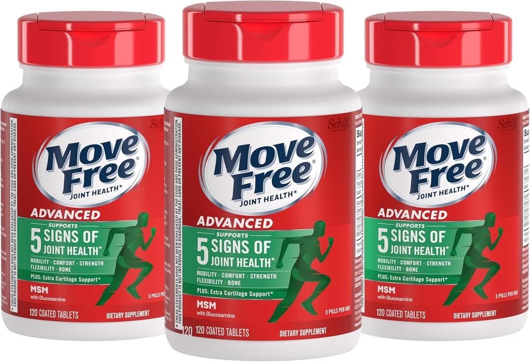 Move Free Advanced Glucosamine Chondroitin MSM Joint Support Supplement, Supports Mobility Comfort Strength Flexibility & Bone - 120 Count (Pack of 3) (EXP 04/01/28)