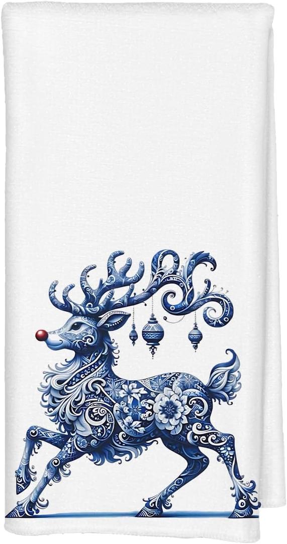 Qabliqo Chinoiserie Christmas Reindeer Kitchen Hand Towels, Chinoiserie Christmas Decor, Grandmillennial Blue and White Xmas Red Nose Reindeer Decorative Hand Towels for Bathroom, 16x24 Inch