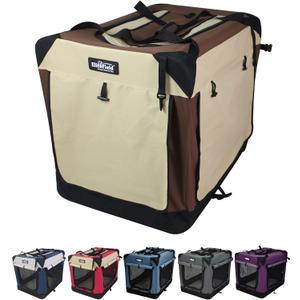 EliteField 4-Door Folding Soft Dog Crate with Curtains, Carrying Bag and Fleece Bed Indoor & Outdoor Pet Home (20" L x 14" W x 14" H, Brown+Beige)