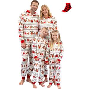 PATPAT Matching Family Christmas Onesie Pajamas  Holiday Hooded Jumpsuit Sleepwear PJs Couples Xmas Loungewear with Socks (Small, Red Santa Reindeer)