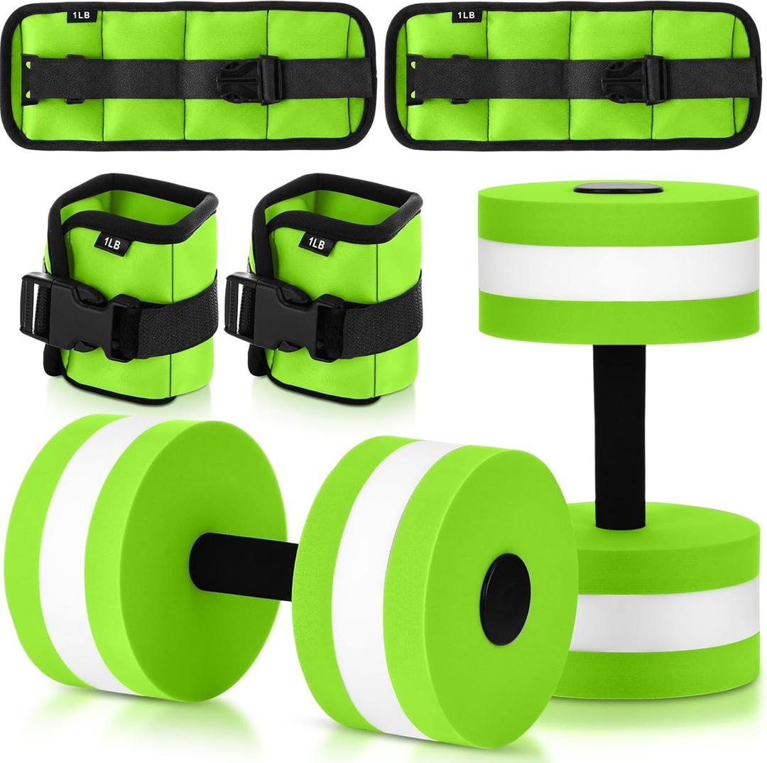 Water Aerobics Set, 4 Piece Pool Exercise Kit (2 Aqua Dumbbells + 2 Ankle/Wrist Weights), EVA Foam, Low-Impact Workout (Green)