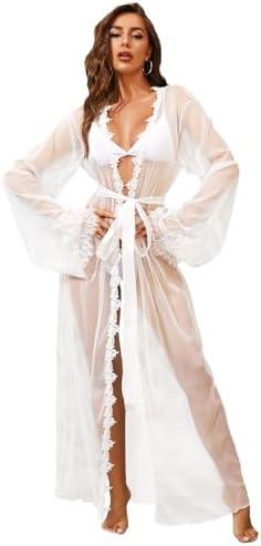 RSLOVE Lingerie for Women Sexy Long Lace Kimono Robe Mesh Chemise Lace Gown Swimsuit Cover Up, Size L
