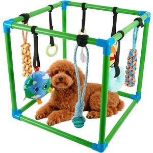 SpaceTime Puppy Play Gym with 8 Hanging Toys,Interactive Dog Toys to Keep Them Busy,Puppy Chew Rope/Rubber/Squeaky/Plush Toy for Indoor Small & Large Dogs,Durable Frame with Elastic Straps (Green)